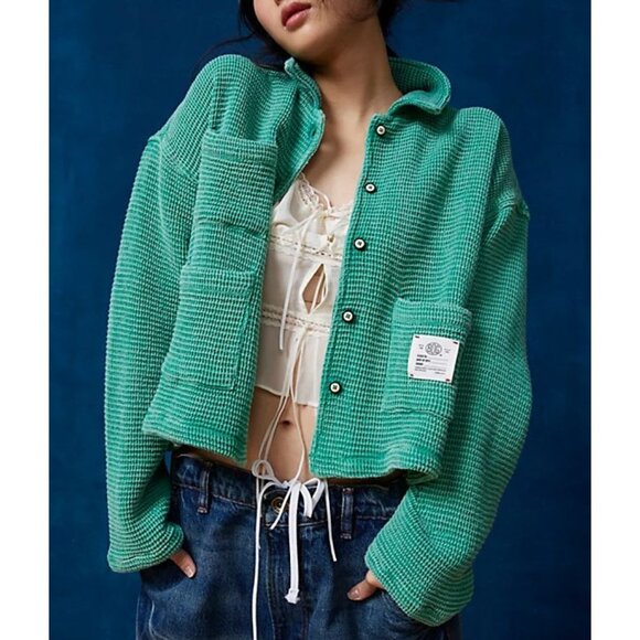 BDG Jersey Chore Waffle Jacket Size XS Oversized Cropped Boxy Button Front - Picture 1 of 13
